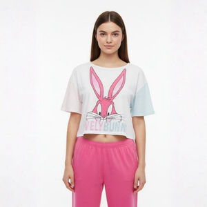 United Colors of Benetton White Pink Looney Tunes Crop Pajama Top - Small